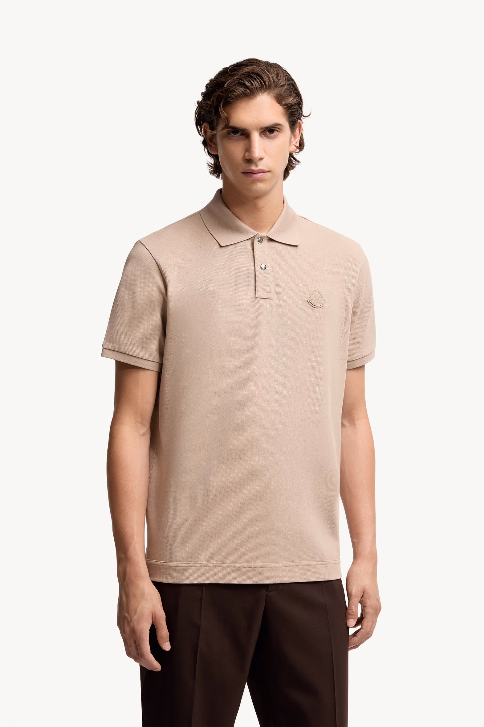 Logo Patch Cotton Piquet Polo Shirt Men Light Beige Moncler 3